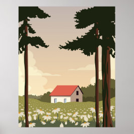 Poster cartaz de parede paisagem da floresta, casa na flo