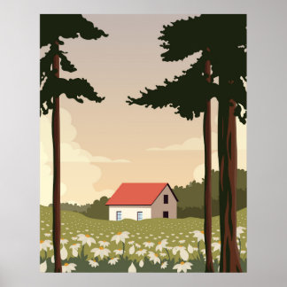 Poster cartaz de parede paisagem da floresta, casa na flo