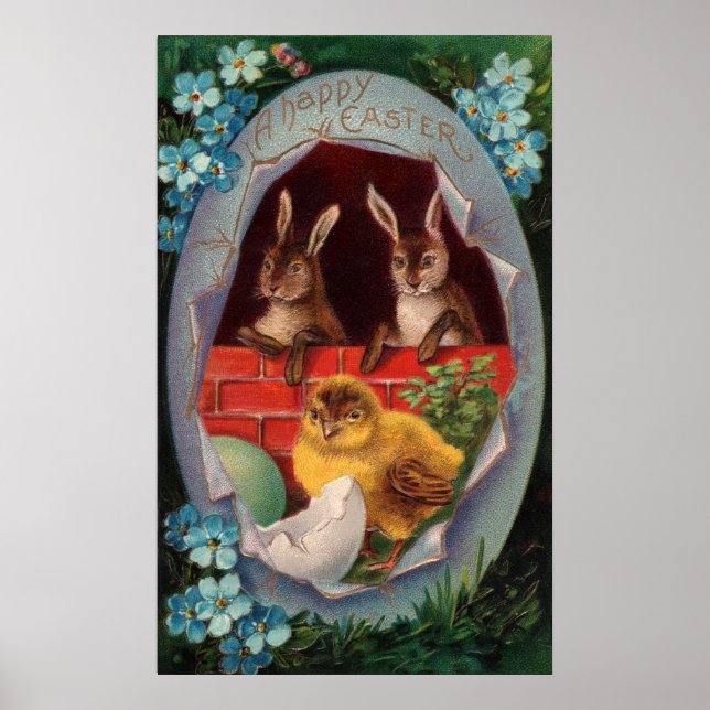Poster Cartaz de Páscoa de Coelhinhos e Pintinhos (Frente)