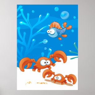 Póster Cartaz de Peixe Engraçado e Caranguejo Fofo Aquáti