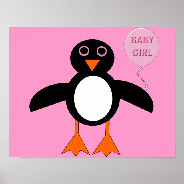 Poster Cartaz de Pinguim Menina Bebê Rosa Fofo (Frente)