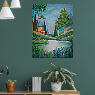 Poster Cartaz de pintura a óleo Cabana junto ao riacho