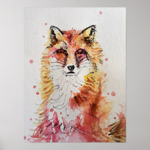 Poster Cartaz de pintura aquarela de raposa vermelha fofa