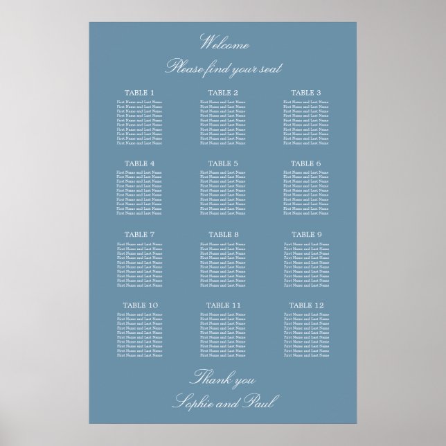Poster Cartaz de Plano de Assento de Casamento de Mesa 12 (Frente)