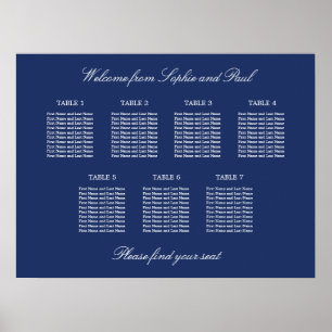 Poster Cartaz de Plano de Assentos de Casamento Azul Mari