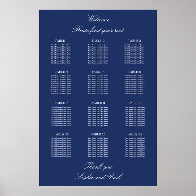 Poster Cartaz de Plano de Assentos de Casamento com 12 Me (Frente)