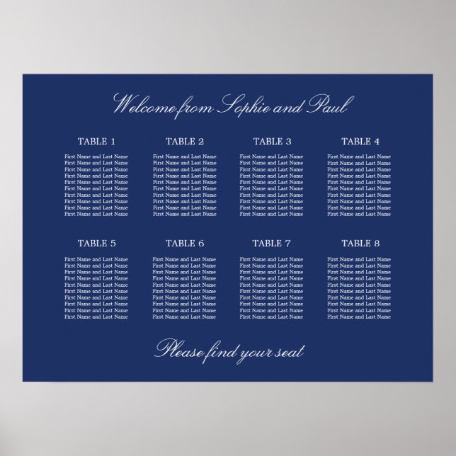 Poster Cartaz de Plano de Assentos de Casamento de Mesa 8 (Frente)