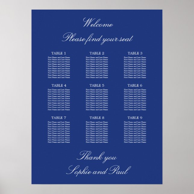 Poster Cartaz de Plano de Assentos de Casamento de Mesa 9 (Frente)