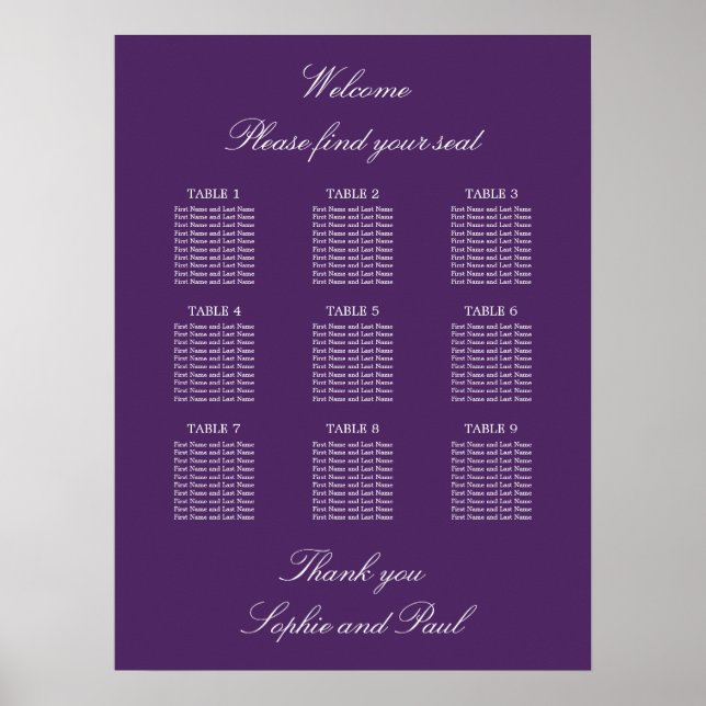 Poster Cartaz de Plano de Assentos de Casamento de Mesa 9 (Frente)