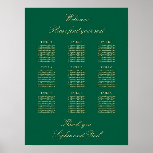 Poster Cartaz de Plano de Assentos de Mesa Verde Dourado  (Frente)