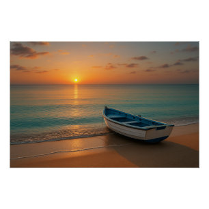 Póster Cartaz de Pôr do Sol Dourado Pacífico com Barco na