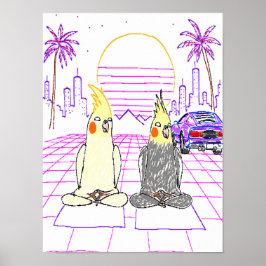 Poster Cartaz de pôr do sol retrô de Vaporwave Cockatiels
