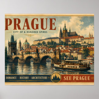 Poster Cartaz de Praga - Cidade de Cem Torres - Vintage
