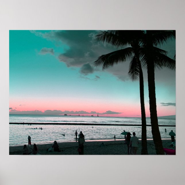 Poster Cartaz de Praia do Havaí com Céu Rosa e Aqua (Frente)