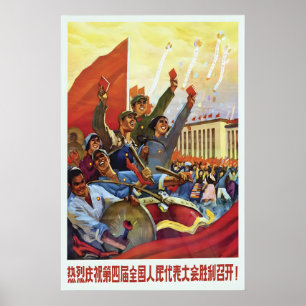 Poster Cartaz de Propaganda Chinês Saúda calorosamente a 