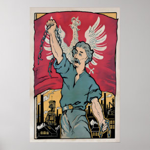 Poster Cartaz de Propaganda da Polônia Trabalhadores Queb