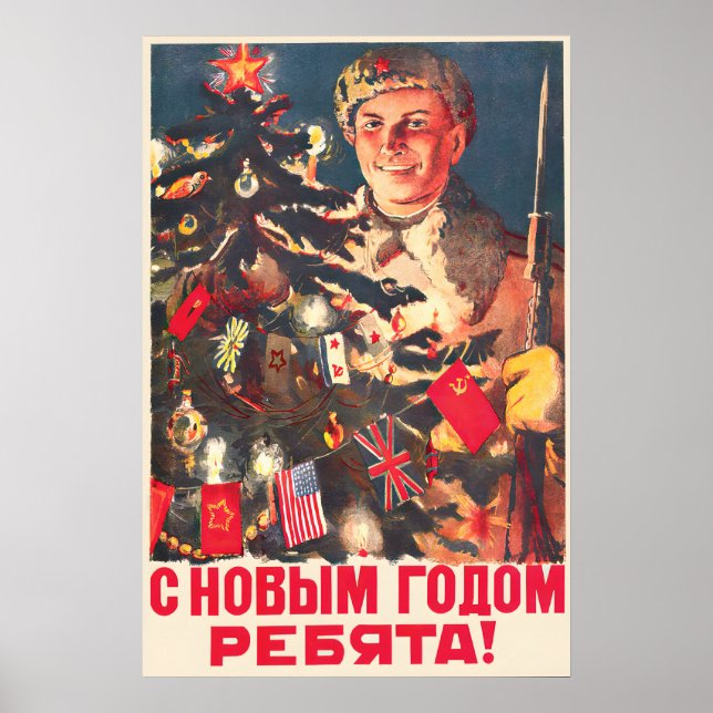 Poster Cartaz de propaganda soviético de Ano Novo Feliz d (Frente)