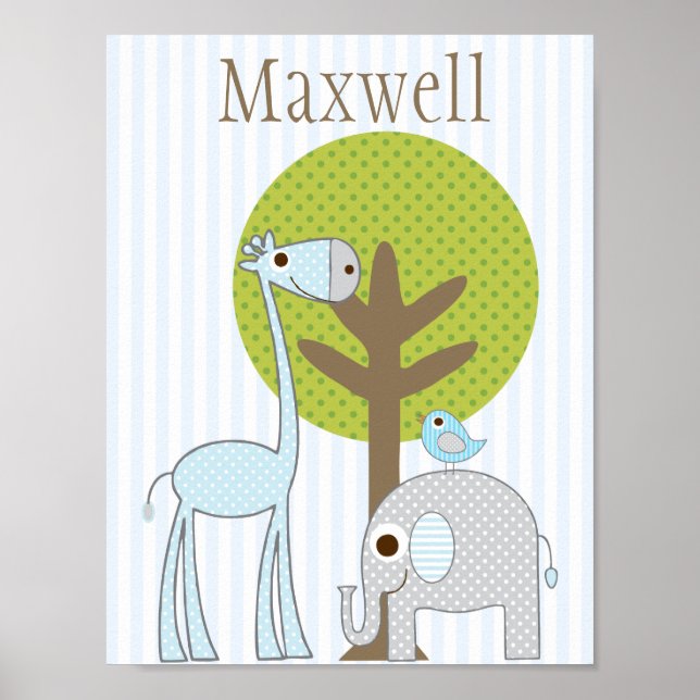 Póster Cartaz de quarto de bebê azul com girafa e elefant (Frente)