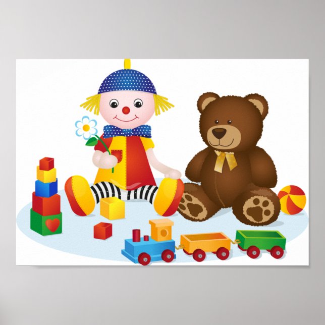 Poster Cartaz de quarto de bebé com ursinho e palhaço (Frente)