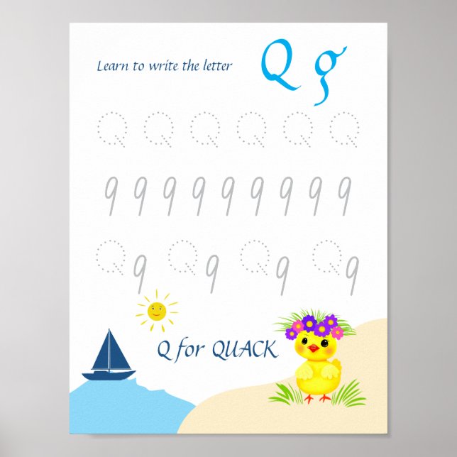 Poster Cartaz de Rastreamento da Letra Q para Crianças (Frente)