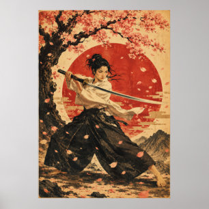Poster Cartaz de retrato de mulher japonesa sol vermelho