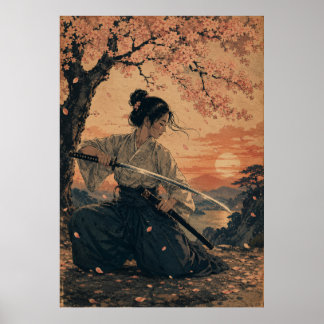 Poster Cartaz de retrato de mulher japonesa sol vermelho