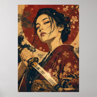 Poster Cartaz de retrato de mulher japonesa sol vermelho