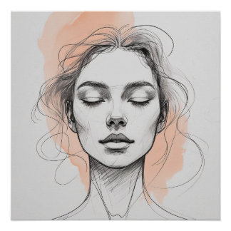 Póster Cartaz de Retrato Feminino em Arte de Linha Elegan