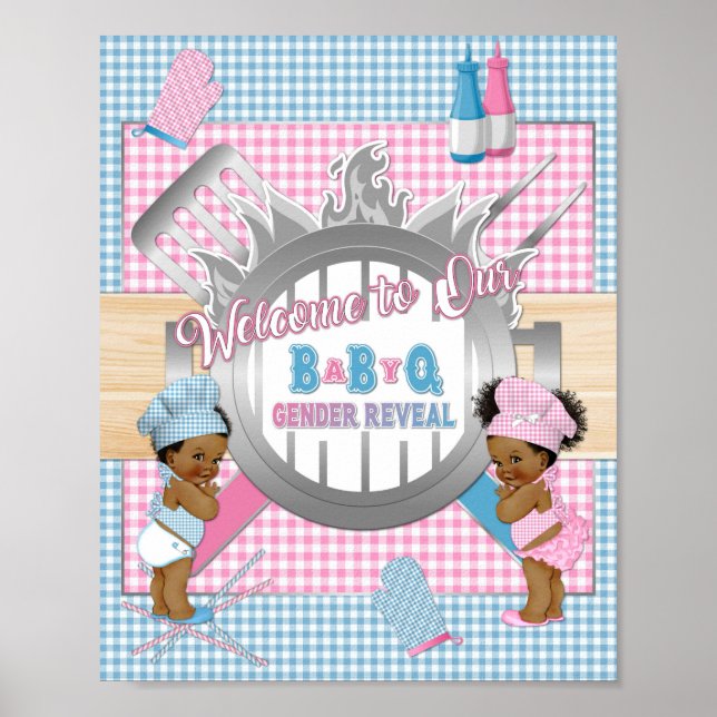 Poster Cartaz de Revelação de Gênero Rosa Azul Gingham Ba (Frente)