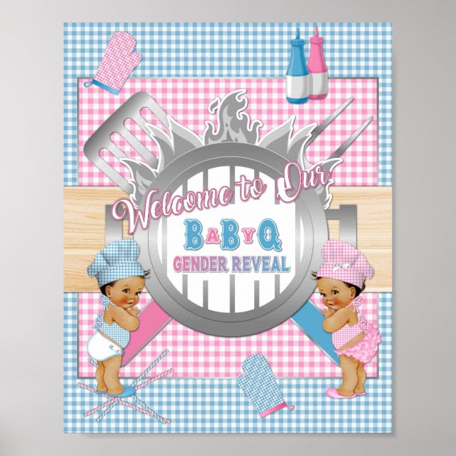 Poster Cartaz de Revelação de Gênero Rosa Azul Gingham Ba (Frente)