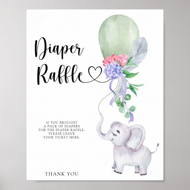 Poster Cartaz de rifa de fralda Balloon & Elephant (Frente)