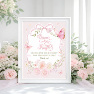Poster Cartaz de Rifas de Fraldas Floral com Laço Rosa Bo