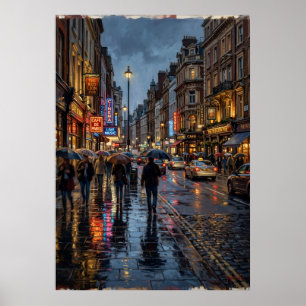 Poster Cartaz de Rua da Cidade Chuvosa Cena Noturna com