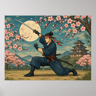 Poster Cartaz de Samurai Japonês Lua Cheia Flor de Cereje