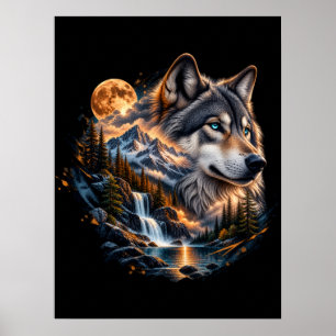 Poster Cartaz de Selva da Lua Cheia do Lobo Majestoso