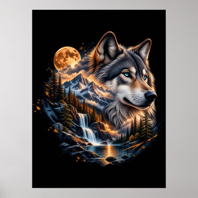 Poster Cartaz de Selva da Lua Cheia do Lobo Majestoso (Frente)