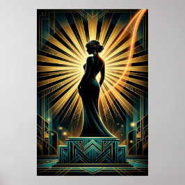 Poster Cartaz de Silhueta Dourada de Mulher Art Deco Eleg