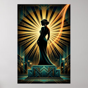 Poster Cartaz de Silhueta Dourada de Mulher Art Deco Eleg