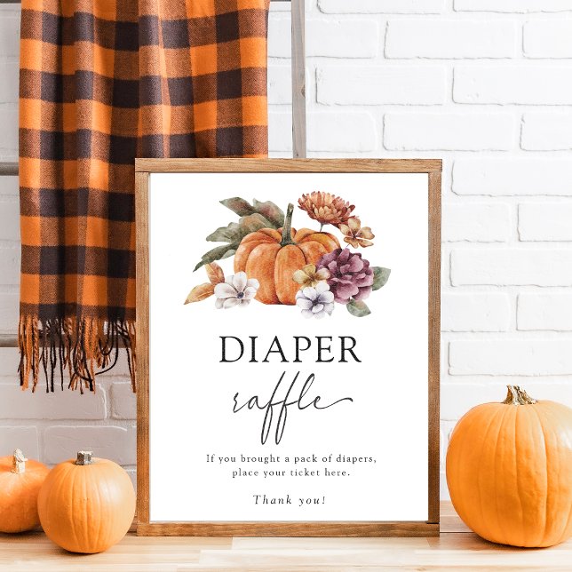 Poster Cartaz de Sorteio de Fraldas de Outono (Fall In Love Baby Shower Game Poster Diaper Raffle Pumpkins)