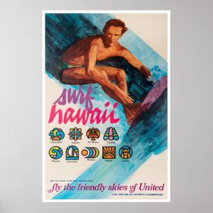 Poster Cartaz de Surf do Havaí Arte da United Airlines On