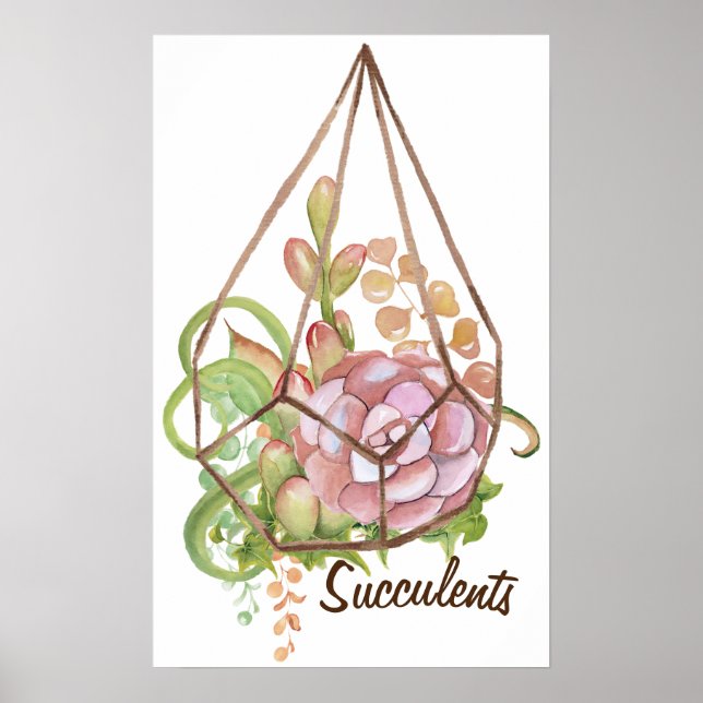 Póster Cartaz de Terrário de Suculentas em Aquarela (Frente)