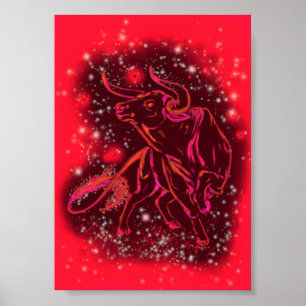 Poster Cartaz de Touro Correndo à Noite Estrelada Vermelh