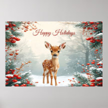 Cartaz de um adorável cervo numa floresta nevada