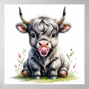 Poster Cartaz de Vaca das Terras Altas Bebê Floral Corado
