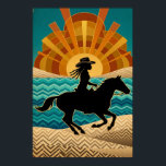 Poster Cartaz de Vaqueira Art Deco Cavalo Pôr do Sol Turq<br><div class="desc">Uma fusão única de glamour retrô e romance ocidental. Esta ilustração estilizada apresenta a silhueta de uma vaqueira montando um cavalo contra um pôr do sol radiante e imenso. Com uma paleta vibrante de laranja, turquesa e bege, e padrões de chevron reminiscentes de paisagens desérticas, este cartaz é perfeito para...</div>