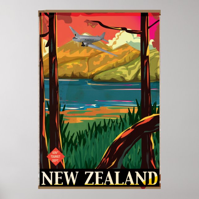 Póster Cartaz de Viagem Antigo da Nova Zelândia (Frente)