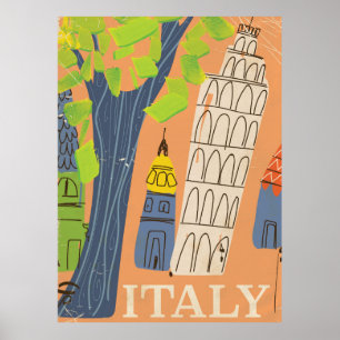Póster Cartaz de viagem antigo da torre inclinada de Pisa