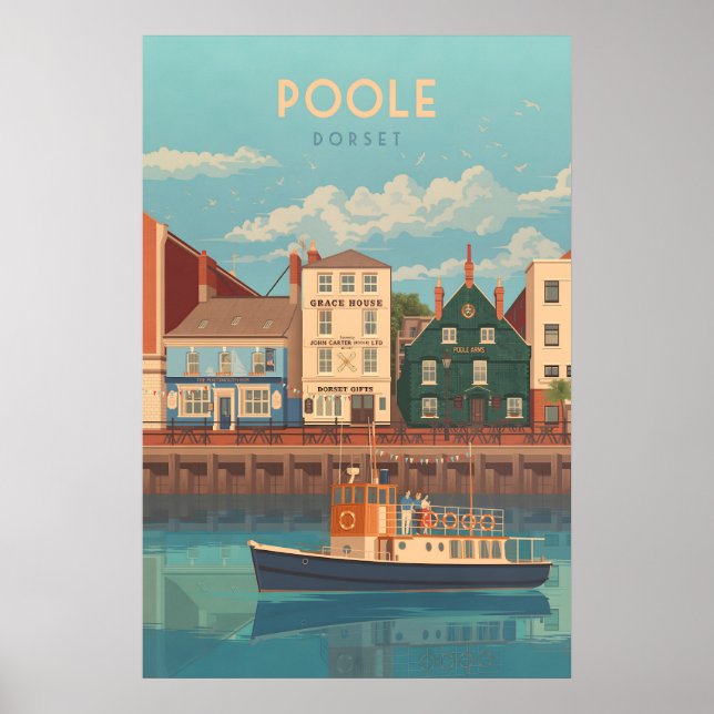 Poster Cartaz de Viagem da Costa Marítima de Poole Dorset (Frente)