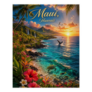 Póster Cartaz de Viagem da Costa Tropical do Maui Havaí