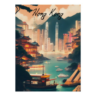 Póster Cartaz de Viagem da Paisagem Urbana de Hong Kong C
